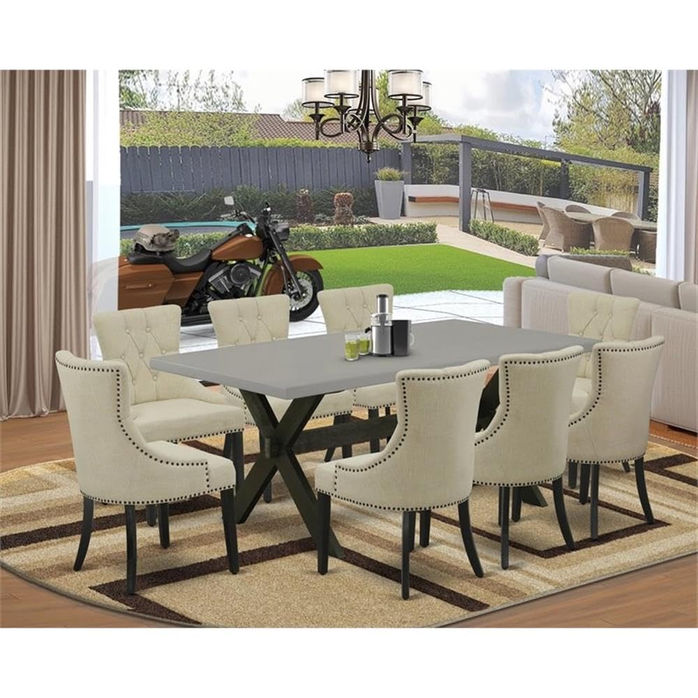 East West Furniture X697Fr102-9 9 Piece Dining Set Includes A Rectangle Dining Room Table With X-Legs And 8 Light Beige Linen Fabric Upholstered Chairs, 40X72 Inch, Multi-Color